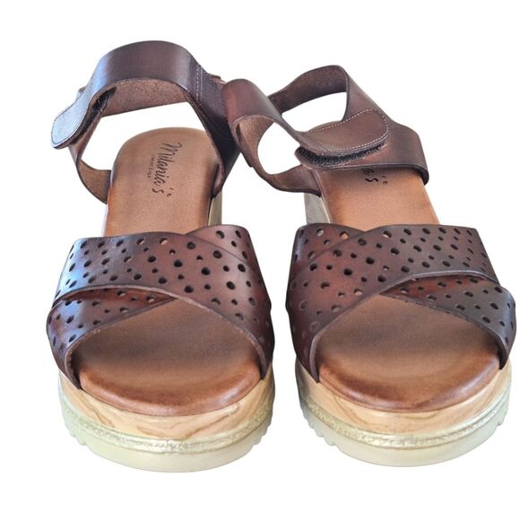Brown Leather Wedge Heel Sandal Platform Wood Look EU 40 Milianias Comfort Shoes - Picture 15 of 16